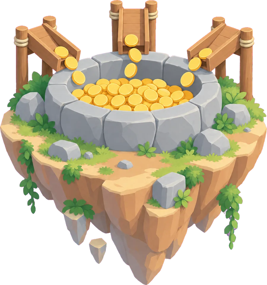 A stone well full of gold coins on a small floating island